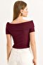 Boat Neck Button Detailed Ribbed Knitted Blouse Burgundy - 3