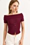 Boat Neck Button Detailed Ribbed Knitted Blouse Burgundy