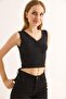 Lace Gathered Crop Blouse Black - 5