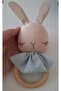 Rabbit Teether Handmade, Beige&Blue Color 100% Cotton Fabric, 100% Natural Wood - 2