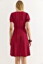 Square Collar Wrinkle Fabric Midi Length Belted Burgundy Dress - 5
