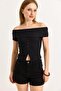 Boat Neck Button Detailed Ribbed Knitted Blouse Black - 4