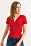Collar V Detail Short Sleeve Camisole Red - 2