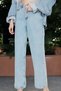 Women's Blue Snow Washed High Waist Stretchy Denim Fabric Wide Leg Jeans - 5