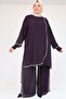 47064 Plus Size Stone Print Detail Sandy Chiffon Pants Suit - Plum