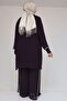 47064 Plus Size Stone Print Detail Sandy Chiffon Pants Suit - Plum - 5