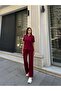 Burgundy Polyester Linen Polo Neck Suit - 4