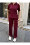 Burgundy Polyester Linen Polo Neck Suit - 6