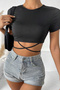 Defnada Women's Black Half Sleeve Cross Tie Crop Top Blouse - 5