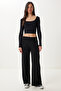 Women's Black Ribbed Knitwear Trousers Kİ00096