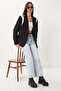 Women's Black Bone Contrast Color Padded Woven Blazer Jacket Rg00076 - 2