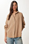 Women's Beige Oversize Linen Shirt Pb00053 - 3