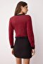 Bordo Crop Sakal/Tüylü İplikli Ceket Görünümlü Triko Hırka TWOAW23HI00549 - 4
