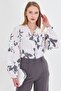 Women's Gray Collared Blouse with Ruffled Front and Elastic Sleeves Long Sleeve Blouse Arm-25Y001015