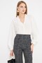Women's White Blouse with Ruffle Detail on the Collar and Front, Elastic Sleeves, Long Sleeve Blouse Arm-25K001030 - 4