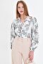 Women's Khaki Collared Blouse with Ruffled Front and Elastic Sleeves Long Sleeve Blouse Arm-25Y001015 - 5