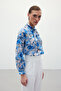 Patterned Scarf Collar Shirt - Blue - 4