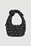 Stone Detailed Hand Knitted Black Straw Bag 18X24 cm Cnt1048