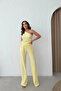 One Shoulder Seersucker Fabric Yellow Blouse Trousers Set - 2
