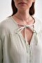 4563 Women's Loose Muslin Shirt with Tie Collar and Elastic Sleeves Sage - 5