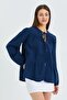 4563 Women's Laced Collar Elastic Sleeves Loose Muslin Shirt Navy Blue - 3