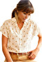 Women's Cream Polka Dot Patterned White Batwing Short Sleeve Shirt with Buttons - 5