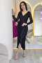 Women's Black Sequin Design Double Breasted Collar Long Sleeve New Season Plus Size Evening Dress - 4