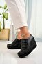 Wedge Sole Zippered Black Leather Women's Shoes - 2