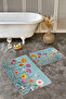 Vibrant Colorful 2-Piece Non-Slip Base Washable Bath Mat Set on Floral Pastel Blue Background - 2
