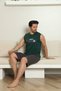 Men's Khaki 100% Cotton Printed Tank Top Shorts Sleeveless Pocket Summer Pajama Set - 7