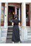 Women's Black V-Neck Slit Linen Dress - 700-3221 - 7