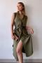 Women's Khaki Jacket Collar Double Breasted Slit Elastic Waist Dress- - 700-2881