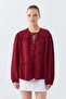 4563 Women's Loose Muslin Shirt with Tie Collar and Elastic Sleeves Claret Red