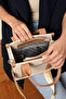 Women's Cream Tan Medium Size Linen Hand and Shoulder Bag 236072Mh - 3