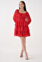 Women's Lined Chiffon Fabric Gipe and Tiered Design Red Mini Evening Dress 078 - 4