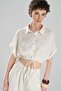 Women's Linen Pearl Detailed Design Stone Crop Blouse - 6