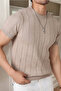 Men's Beige Fit Textured Short Sleeve Crew Neck Knitwear T-Shirt - 4