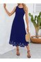 New Season Women's Sleeveless Hem Laser Cut Floral Pattern Midi Length Imported Crepe Dress