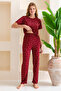 Women's Crew Neck Short Sleeve Heart Patterned Pajama Set Burgundy - 6016 - 3