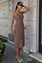 Women's Brown Linen Midi Dress with Accessories on the Bust - 2
