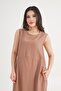 Crinkle Brown Sleeveless Dress with Crew Neck Pocket - 3