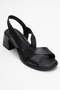 Crina Black Genuine Leather Elastic Women's Thick Heeled Sandals - 3