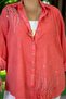 Front Buttoned Sequence Embroidered Folding Sleeve Flame Linen Extra Large Size Shirt - 4
