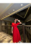 - Red Balloon Sleeve Midi Length Dress - 2