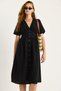 Women's Black V-Neck Waist Detailed Buttoned Short Sleeve Viscose Linen Dress 5260 60281100 - 5