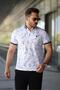 Men's White Blue Leaf Pattern Slim Fit Polo Neck T-Shirt - 2529