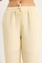 Women's Yellow Striped Double-Breasted Collar Tie Detail Blouse Elastic Waist Lined Muslin Suit 1039 60283478 - 5