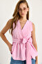 Women's Powder Pink Elastic Waist Double Breasted Collar Belted Poplin Blouse 8048 60283486