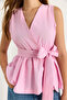 Women's Powder Pink Elastic Waist Double Breasted Collar Belted Poplin Blouse 8048 60283486 - 5