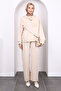 Beige Shawl Detailed Tunic Trousers Suit